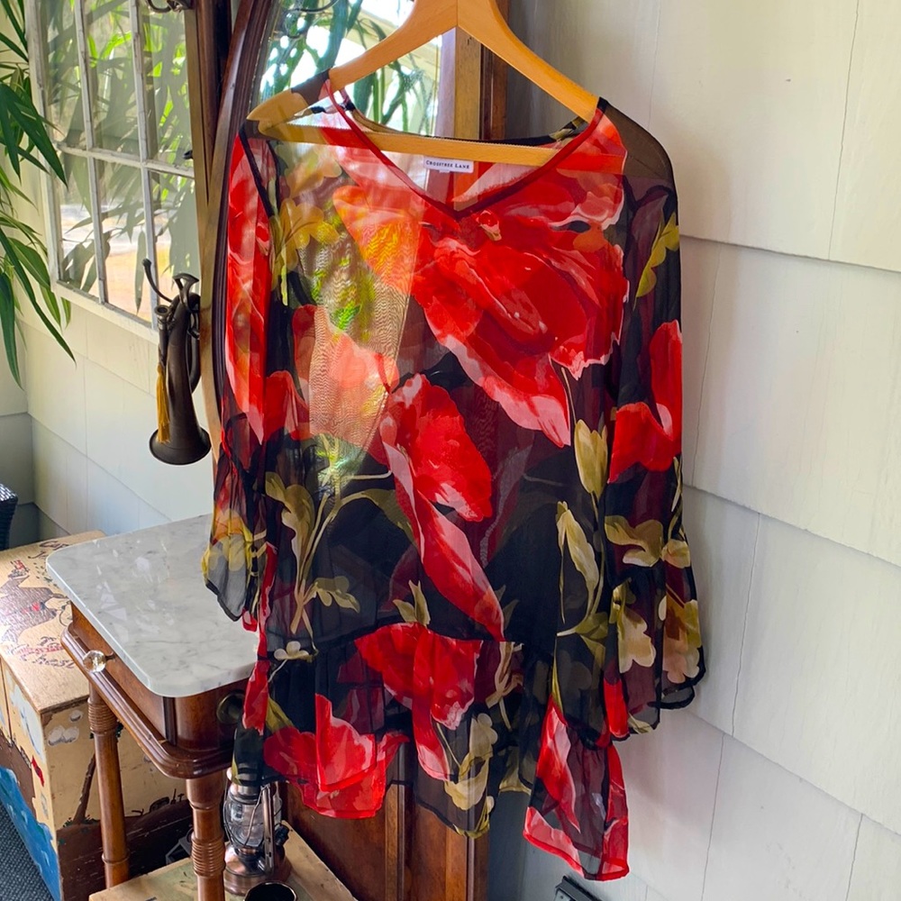 Cross tree Lane Sheer Floral Blouse Peasant Romantic Style Top